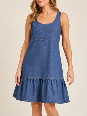 Vintage Made in Canada 100% Cotton Denim Ruffle Hem Sleeveless Dress Hero